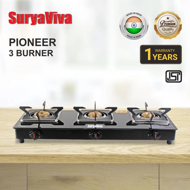 SURYAVIVA Pioneer 3B BK Toughened Glass 3 Cast Iron Burner Gas Stove(Manual Igniton,Black) Glass Manual Gas Stove