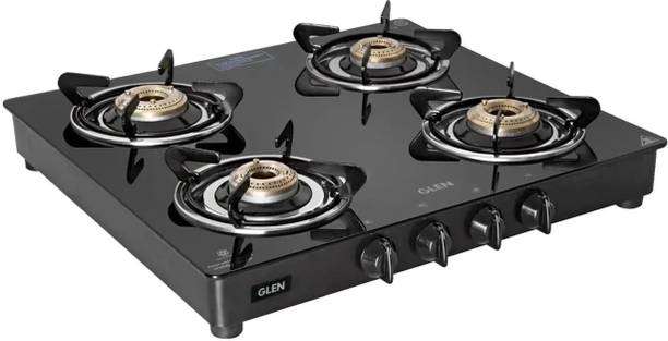 LPG Gas Stoves 4 Burner Glass Top Fuel Efficient Brass Burners 2 Year Warranty ग्लास मैनुअल गैस चूल्हा