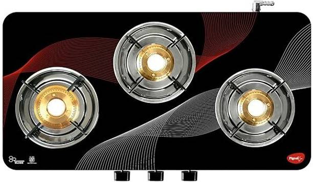 Pigeon Cosmic 3 Burner (With SABAF Burners, Mixing Tube and Valves) Glass Manual Gas Stove