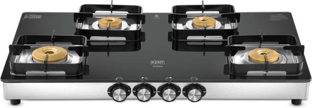KENT Avion Gas Stove 4 Burner | Toughened Glass Top 8mm | SABAF Italian Gas Valve Stainless Steel Manual Gas Stove