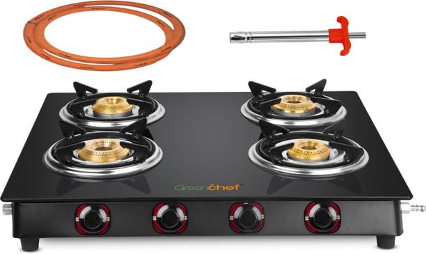 Greenchef Ebony Pro 4BR ( Hose Pipe + Lighter ) Glass Manual Gas Stove