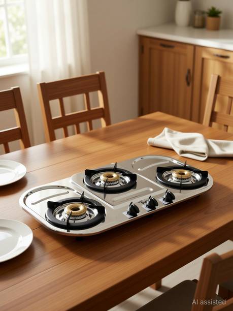 Golden Surya Premium Jointless Stainless Steel Frame, 3 Brass Burner, 18 Months Warranty LPG Stainless Steel Manual Gas Stove