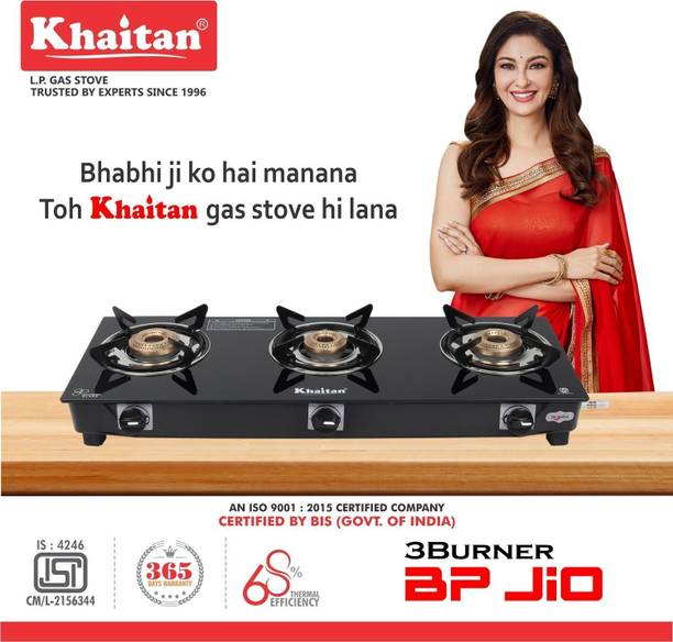 Khaitan 3 Burner BP-GIO MS Black Toughened Glass Glass Manual Gas Stove