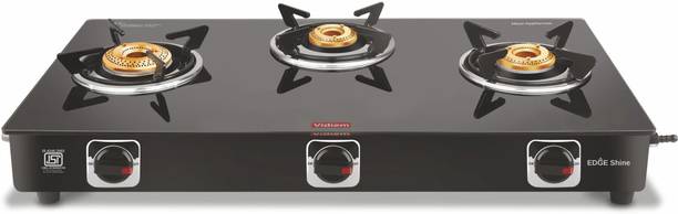 Vidiem EDGE SHINE GLASS TOP 3 BURNER GAS STOVE Glass Manual Gas Stove