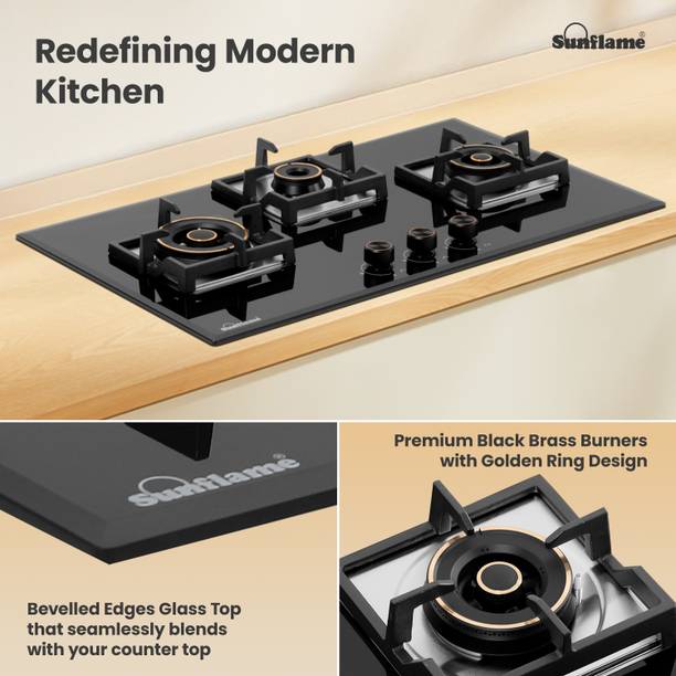 Sunflame Sunflame 3 Burner Auto Ignition Flexi Hob, 78 cm Wide Body, 8mm Glass Glass Automatic Hob  (3 Burners)