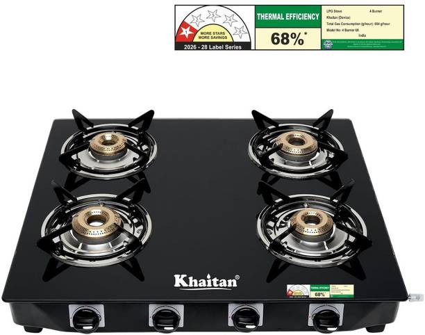 Khaitan 4 Burner Active Forged Black Toughened Glass Manual Gas Stove