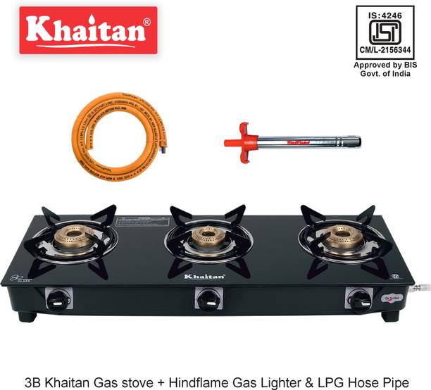 Khaitan Gas Stove Combo – 3B Jio + 1 HF Ligher + 1 HF Hose pipe Glass Manual Stove (3 Burners)