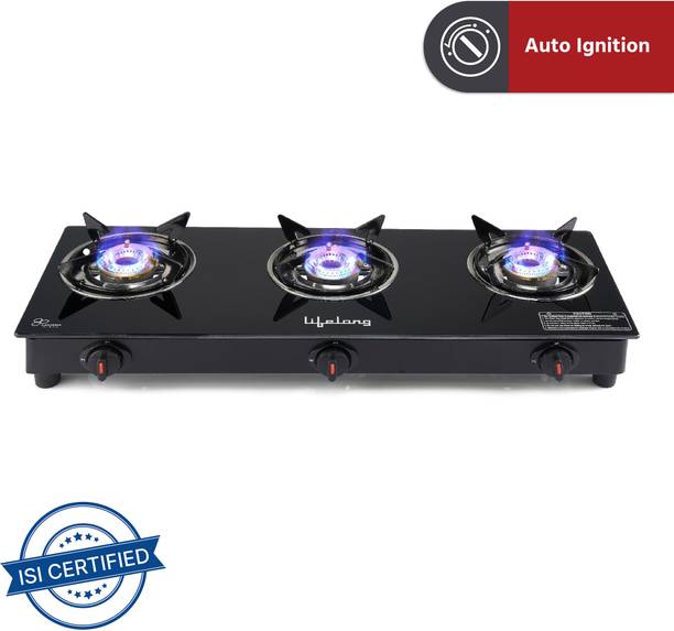 Lifelong LLGS303 Automatic Ignition 3 Burner For LPG Use Only (Doorstep Service, Black) Glass Automatic Gas Stove