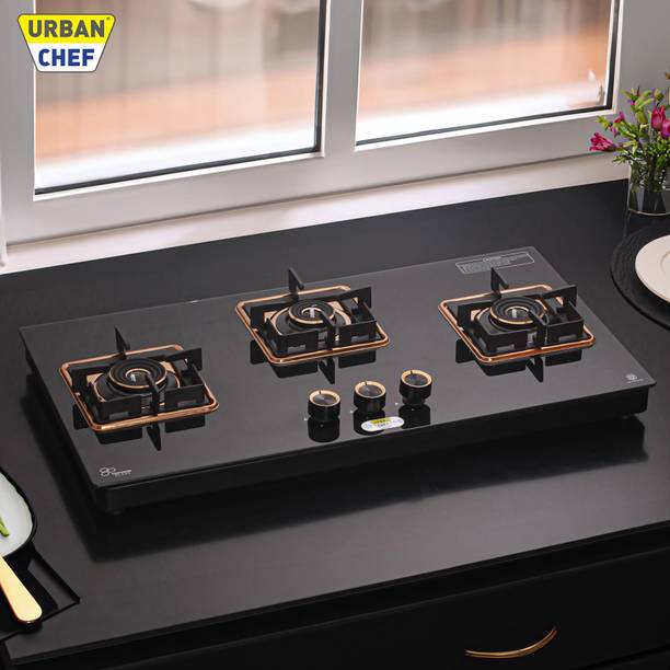 Urban Chef Gas Stove 3 Burners Glass Top | ISI Certified Ignis Pro Hob Top Chulha Stainless Steel, Glass Automatic Hob