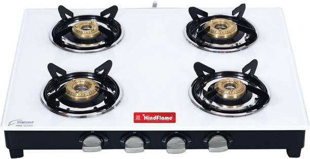 Hindflame 4 Burner Marvel White Toughened Glass Manual Gas Stove