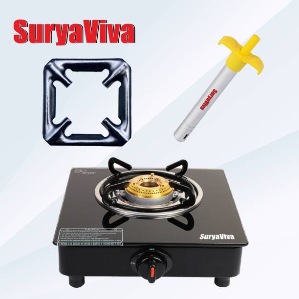 SURYAVIVA Single Burner Photon {Lighter+ps ring)Bk Gas Stove(Manual,Black) Glass Automatic Gas Stove