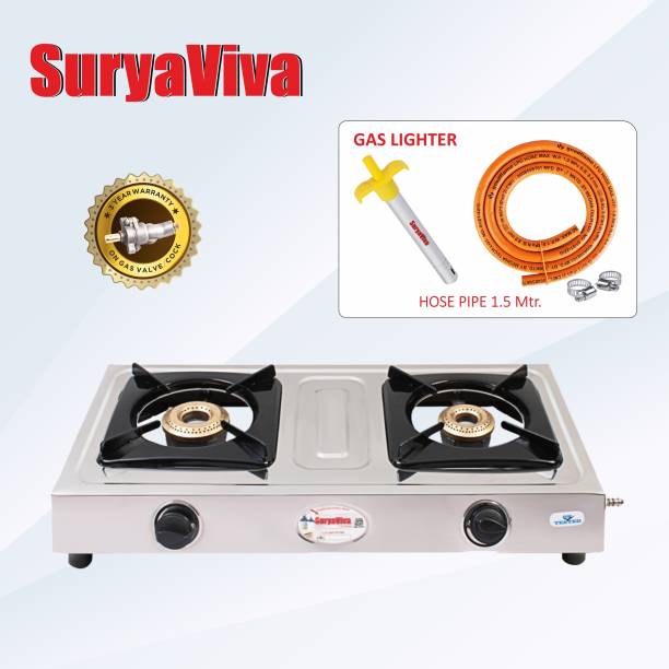 SURYAVIVA NEO 2B SS(Hose Pipe + Lighter) 2 Cast Iron (Silver) Stainless Steel Manual Gas Stove