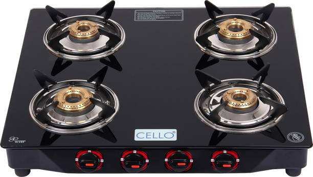 CELLO Regal 4 Burner Black Gas Cooktop,Toughened Glass, ISI Certified, 1 Year Warranty Glass Manual Gas Stove