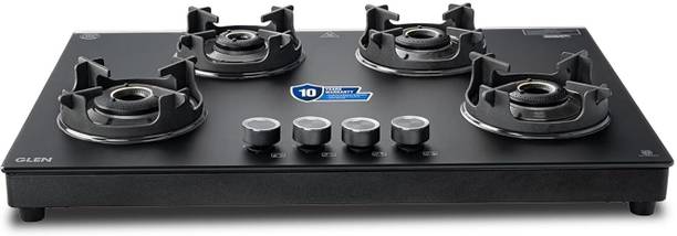 Glen Premium LPG Gas Stove 4 Burner | Matt Glass & Frame | Forged Brass Burners | Glass Manual Gas Stove