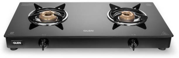 Glen Rapid 2 Burner LPG Gas Stove | Brass Burner | ISI Certified | Revolving Inlet | Glass Manual Gas Stove