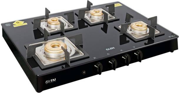 Glen 4 Burner Glass Black Cooktop 1048 SQ BL Forged Brass Burners Auto Ignition Glass Automatic Gas Stove