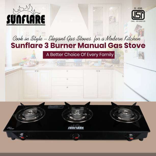 Cute 3B Bk Toughened Glass Tornado Burner Glass Manual Gas Stove स्टील मैनुअल गैस चूल्हा