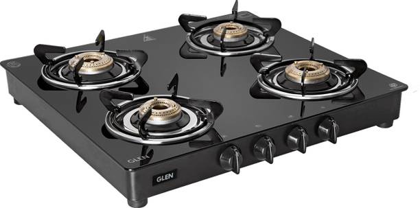 Glen PNG Gas Stove 4 Burner Fuel Efficient Brass Burners Rotary Knobs 2 Year Warranty Glass Manual Gas Stove