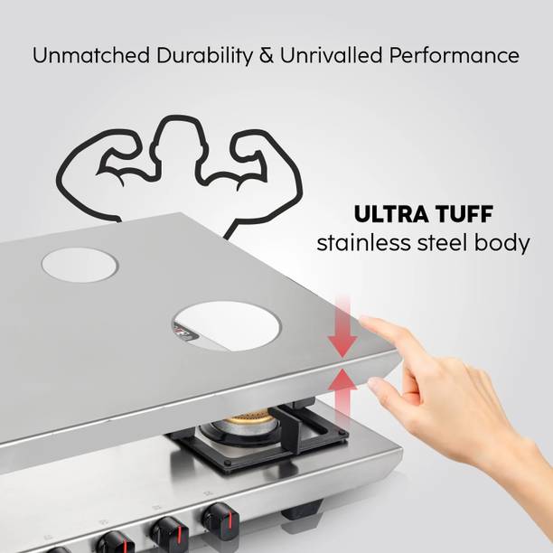 Glen Ultra Tuff Stainless Steel Gas Stove|Forged Brass Burner|Revolving Inlet Nozzle Stainless Steel Manual Gas Stove  (4 Burners)