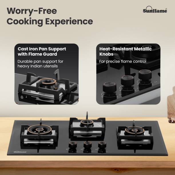Sunflame Sunflame 3 Burner Auto Ignition Flexi Hob, 78 cm Wide Body, 8mm Glass Glass Automatic Hob  (3 Burners)