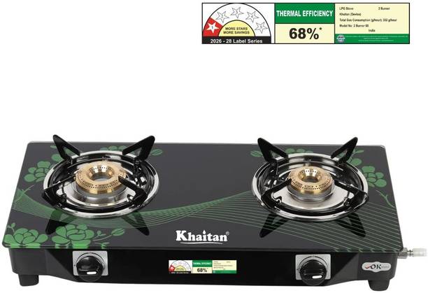 Khaitan 2 Burner BP-NANO MS Green Digital Toughened Glass Manual Gas Stove