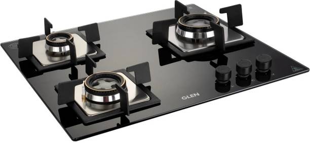 Hob Top ELITE 3 Brass Burners | Auto Ignition | 8 MM Thick Toughened Glass Hob ग्लास ऑटोमैटिक गैस चूल्हा