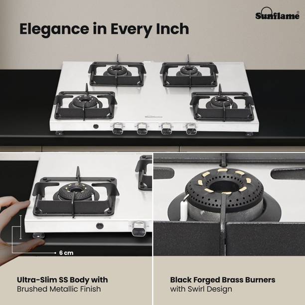 Sunflame Sunflame 4 Burner AI Slim Gas Stove with 2MM SS Metallic Body, Forged Burners Stainless Steel Automatic Gas Stove  (4 Burners)
