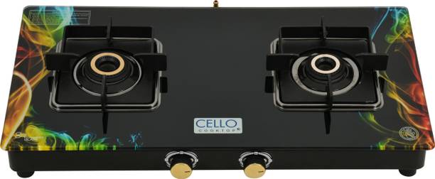 CELLO Black Pearl Opal 2 Burner Toughened Glass Top Gas Stove, Brass Burners Glass Manual Gas Stove