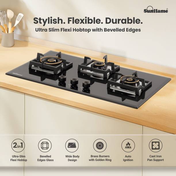 Sunflame Sunflame 3 Burner Auto Ignition Flexi Hob, 78 cm Wide Body, 8mm Glass Glass Automatic Hob  (3 Burners)