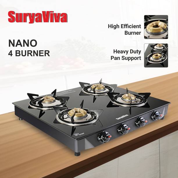 SURYAVIVA Nano 4B BK Toughened Glass 4 Cast Iron (Manual Ignition,Black) Glass Manual Gas Stove