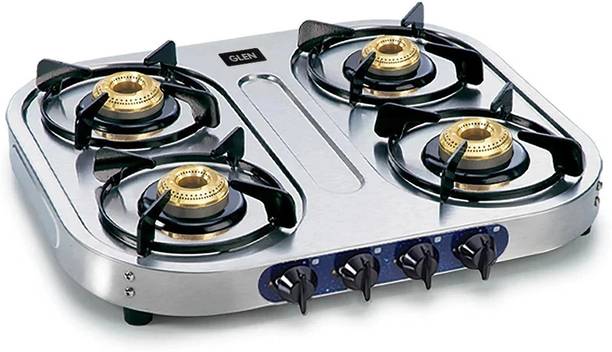 ग्लेन LPG Stainless Steel Gas Stoves 4 Burner | Brass Burners | 360° Nozzle स्टेनलेस स्टील मैनुअल गैस चूल्हा