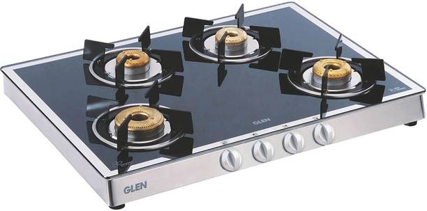 Glen Gas Stove 4 Burner Mirror Finish 1 High Flame 3 Forged Brass Burner 70 CM Glass Manual Gas Stove