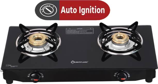 लाइटफ्लेम 2 Burner Glass top, Smart Auto Ignition ISI Certified LPG Fuel-efficient Burners ग्लास ऑटोमैटिक गैस चूल्हा