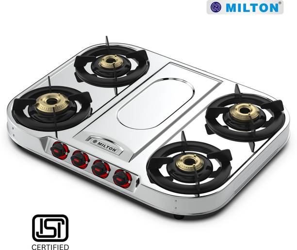 MILTON Royal 4 Burner Stainless Steel Gas Stove | Brass Burner | ISI Certified Stainless Steel Manual Gas Stove