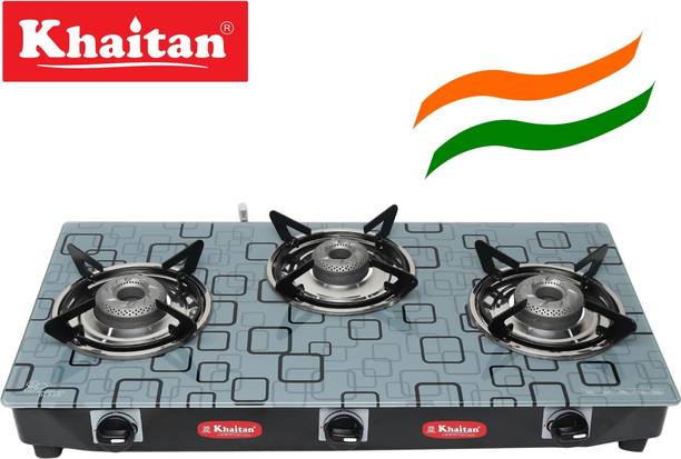 Khaitan 3 Burner ACTIVE Digital Toughened Glass Manual Gas Stove