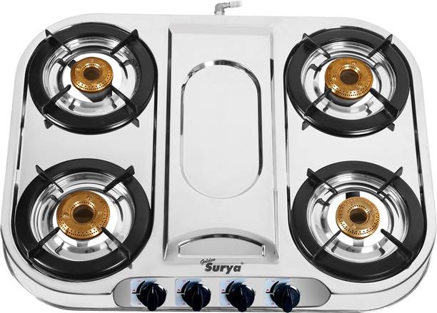 Golden Surya Premium Stainless Steel 4 Brass Burner Gas Stove, With Lighter Free Stainless Steel Manual Gas Stove