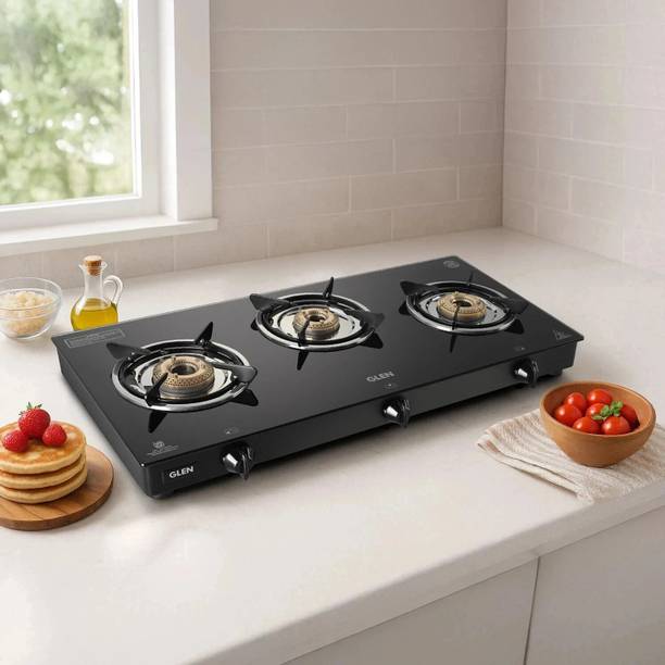 ग्लेन 3 Burner Toughened Glass Top LPG Gas Stove | Brass Burners | ISI Certified | ग्लास मैनुअल गैस चूल्हा
