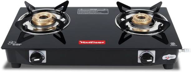 Hindflame 2 Burner Pixel Black ISI Marked LP Gas Toughened Glass Manual Gas Stove