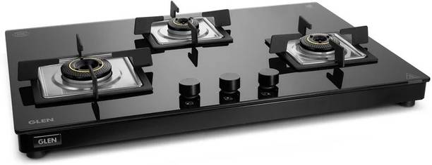 Glen 3 Burner Ultra Slim LPG Gas Stove with High Efficiency Forged Brass Burners Brass Manual Gas Stove