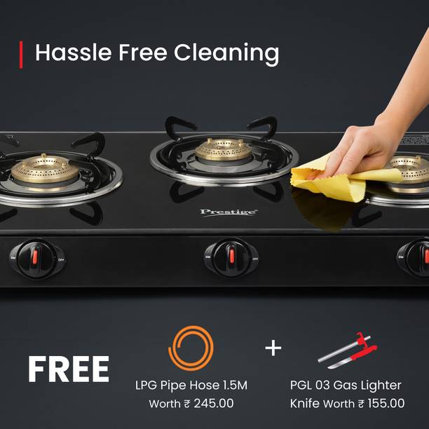Prestige Atlas Plus Toughened top with Lighter Knife and Hose Pipe Glass Manual Gas Stove
