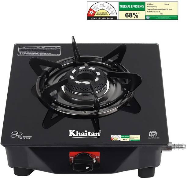 Khaitan Selios 1 Burner Black Toughened Glass Manual Gas Stove