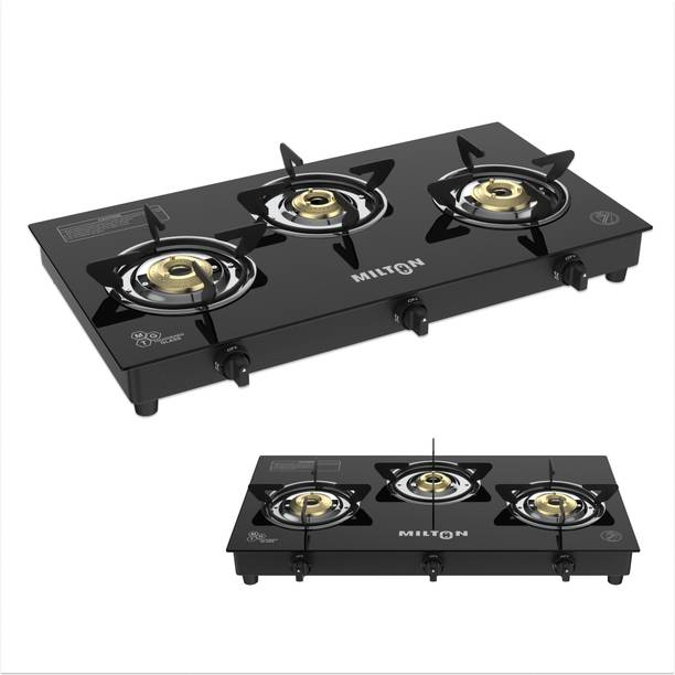 MILTON Premium Pro 3 Burner Auto Ignition Gas Stove | 6mm Glass Top | 360° Nozzle Glass Automatic Gas Stove