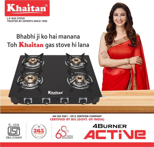 Khaitan 4 Burner Active Forged Black Toughened Glass Manual Gas Stove