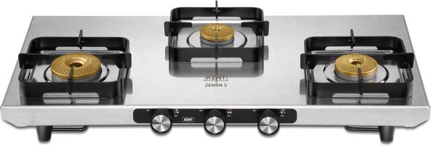 KENT Zenon Gas Stove 3 Burner | Toughened SS Top 2mm | SABAF Italian Gas Valve Stainless Steel Manual Gas Stove