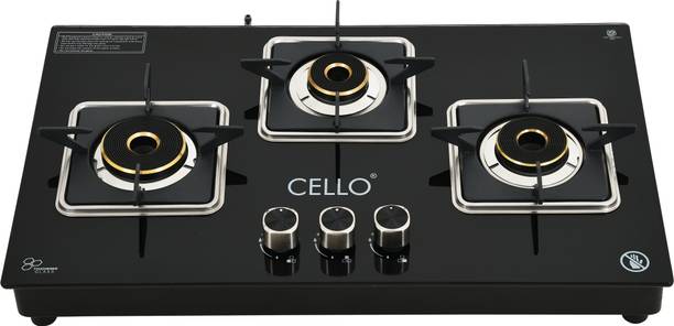 CELLO Platinum 3 Burner Manual Hob Top LPG Gas Stove 8mm Black Toughened Glass Top Glass Manual Hob