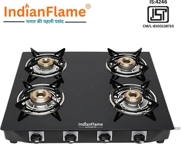 Balajiflame 4 Burner with Forged Black Toughened Glass Manual Gas Stove