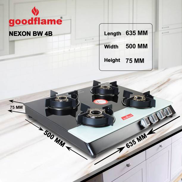 goodflame Nexon 4B BW Toughened Glass 4 Brass Burner Imp Gas Stove(Manual ignition,Black) Glass Manual Gas Stove