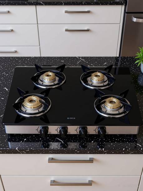 Elica Vetro Glass Top 4 Burner Gas Stove with Double Drip Tray (694 CT DT VETRO) Glass Manual Gas Stove