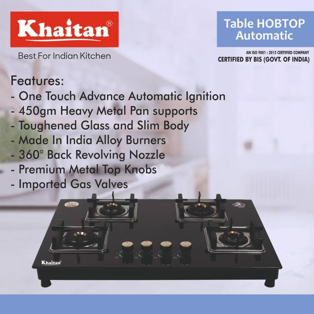 Khaitan 4 Burner Saphire Black Luxury HobTop, Automatic Ignition Toughened Glass Automatic Hob  (4 Burners)