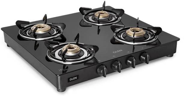 Glen Crystal LPG Gas Stove 4 Burner Toughened Glass Top Black Glass Manual Gas Stove